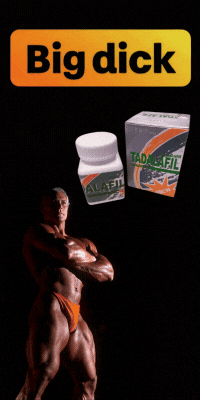 Tadalafil medication with bodybuilder; text reads "Big dick