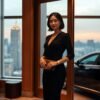 Woman in black dress standing in a luxury apartment at sunset