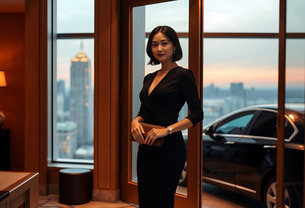 Woman in black dress standing in a luxury apartment at sunset
