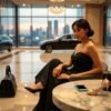 Elegant woman in evening gown sits in luxury lobby with cars and city skyline view.