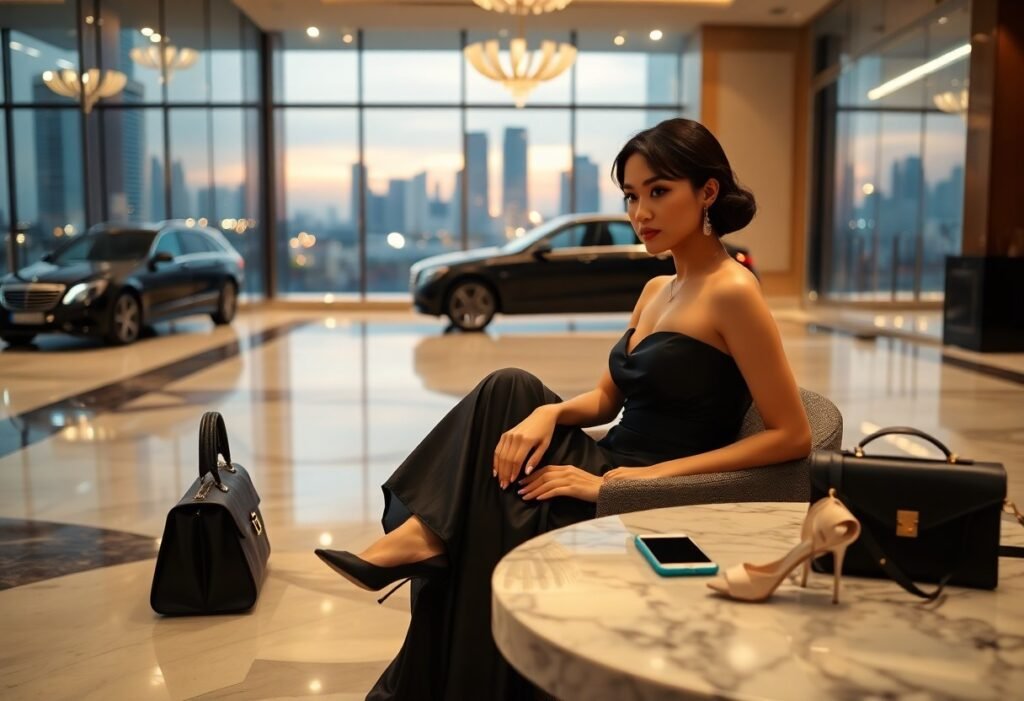 Elegant woman in evening gown sits in luxury lobby with cars and city skyline view.