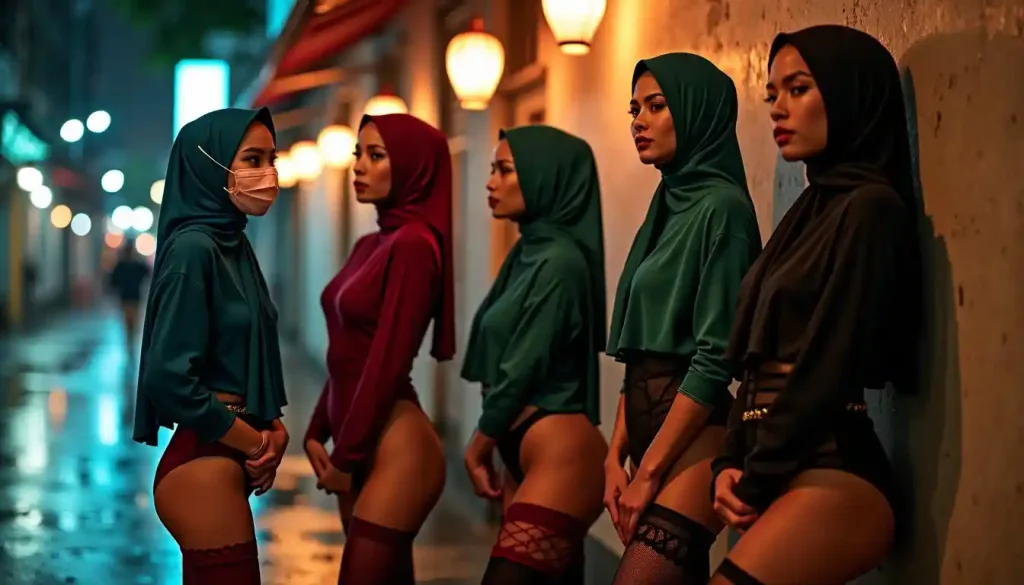 Four women in hijabs and lingerie pose on a city street at night.