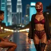 Couple posing in front of Kuala Lumpur skyline at night