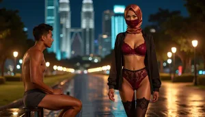 Couple posing in front of Kuala Lumpur skyline at night