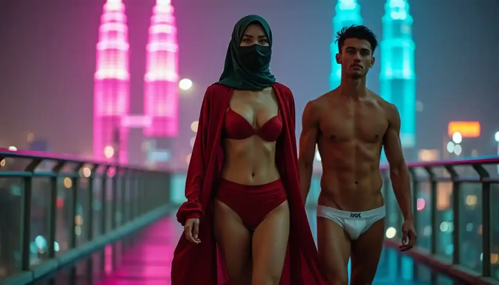 Couple walking on a bridge at night with city lights in background
