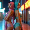 Two women in colorful hijabs and lingerie stand back-to-back outdoors.