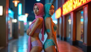 Two women in colorful hijabs and lingerie stand back-to-back outdoors.