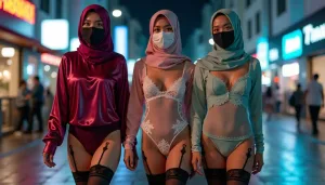 Three women in hijabs and masks wearing lingerie and stockings on a city street.