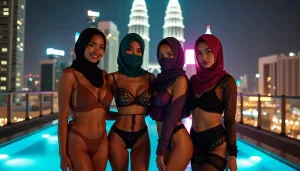 Four women in hijabs posing by a rooftop pool with city skyline at night