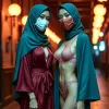 Two women in hijabs and masks stand in a dimly lit hallway