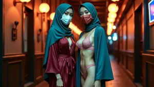 Two women in hijabs and masks stand in a dimly lit hallway